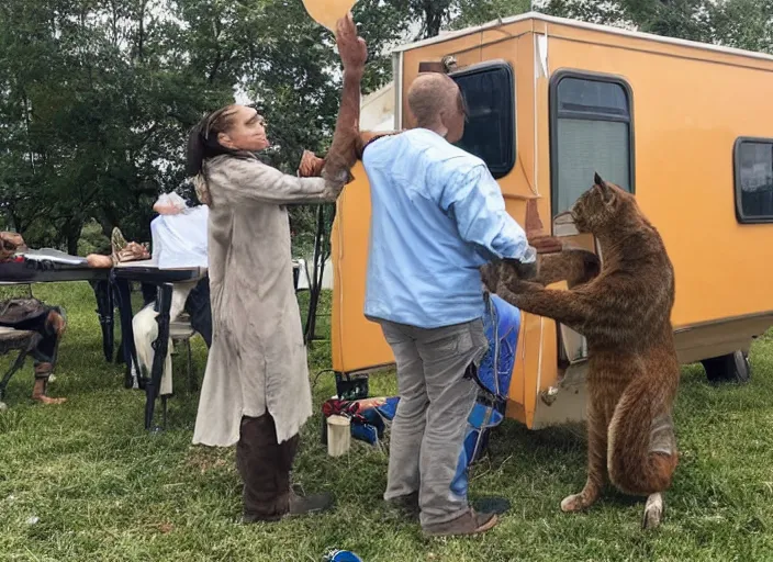 Image similar to A demonstration of how to properly pet a Khajiit caravanner right between their two perked ears to earn an expression of bemusement.