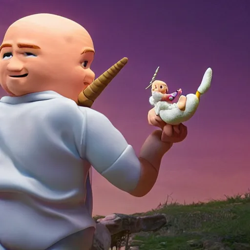 Image similar to Mr. clean riding a chubby balding blond guy and holding a unicorn toy, highly detailed, epic fantasy, film still, best shot, very long shot, 8K Imax