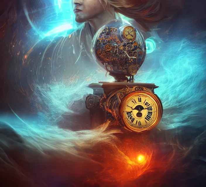 Image similar to the master of time controlling the flow of time by using his magical clock artifact, cinematic composition, epic colors, detailed, warm lighting, volumetric, beautiful, trending on artstation, art claudiu - antoniu magherusan