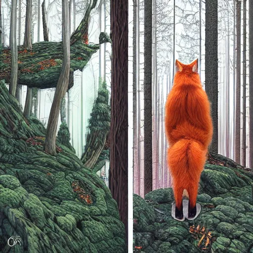 Image similar to a red fox and a ginger teen girl at dark forest where trees are huge, ultra realistic by ori toor and escher