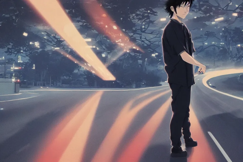 Image similar to aesthetic illustration of ryosuke takahashi with black hair wearing a dark blue shirt standing near white mazda rx 7 on an empty highway at dusk, cinematic lighting, initial d anime 1 0 8 0 p, detailed anime face, high detail, 9 0 s anime aesthetic, volumetric lights, unreal engine 5 render, pinterest wallpaper, trending on artstation