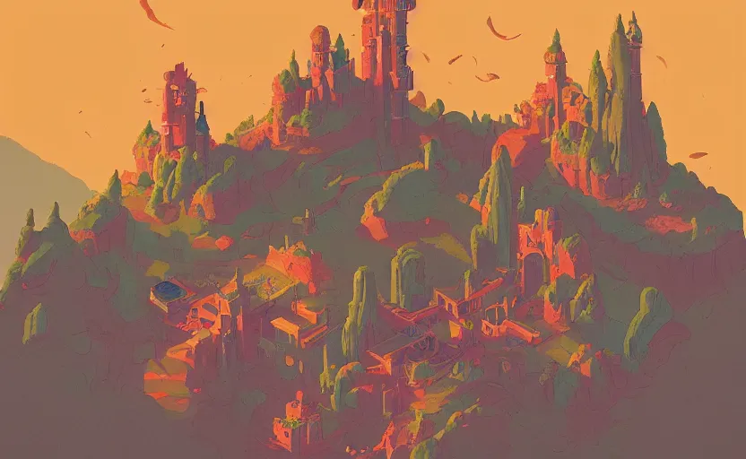 Prompt: old tiny magic castle on a hill, james gilleard, moebius, print, game art