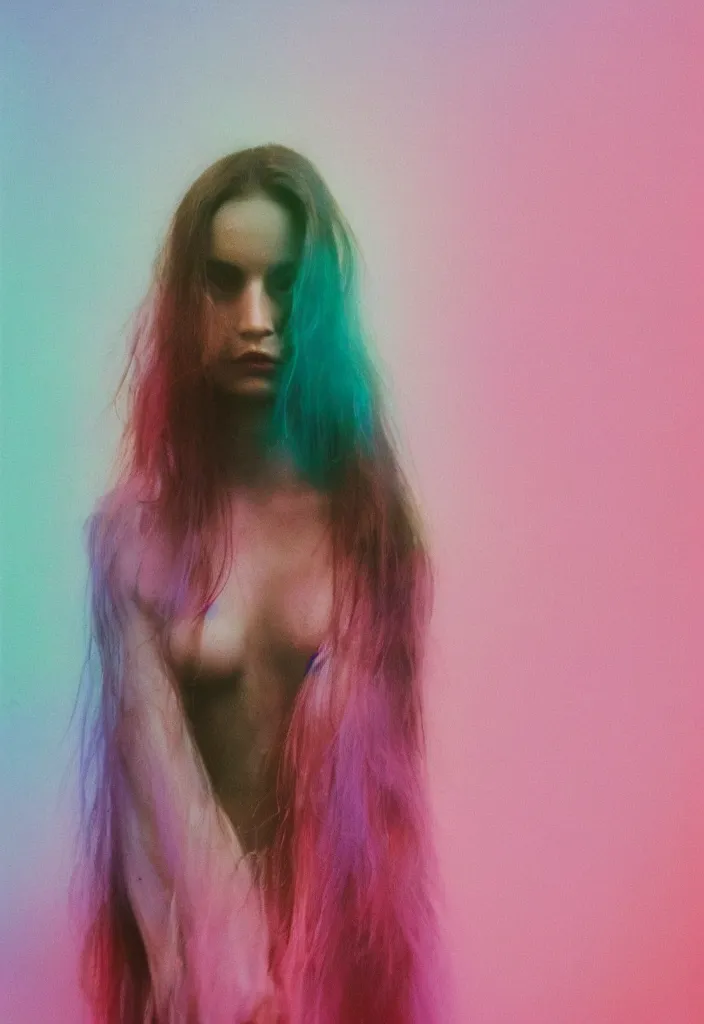 Prompt: A vibrant studio portrait photograph of a beautiful millennial musclar woman by Alessio Albi and Nina Masic, trending on instagram, artistic aberrative anatomy, soft focus, vertical portrait, natural lighting, double exposure, f1.8, 50mm, instax, polaroid, classic chrome, film grain, light cyan, lavender blush, cinematic and volumetric lighting, 4k, 8k, HD