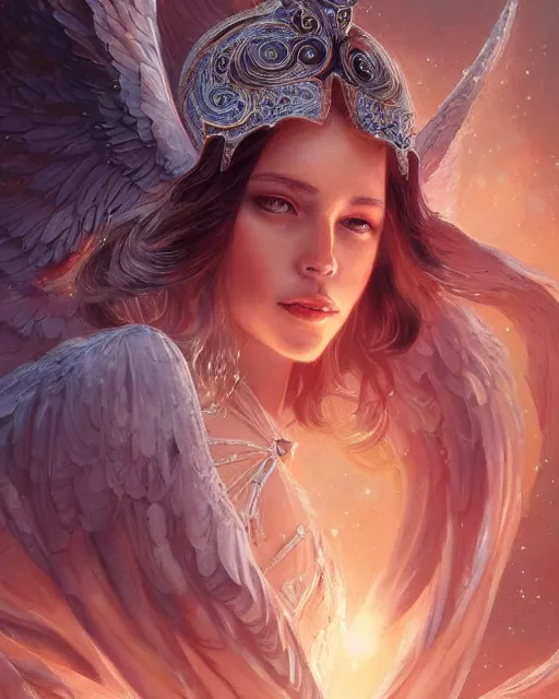 Image similar to close up portrait of a beautiful cosmic angel, fantasy, intricate, elegant, highly detailed, digital painting, artstation, concept art, smooth, sharp focus, illustration, by artgerm and greg rutkowski