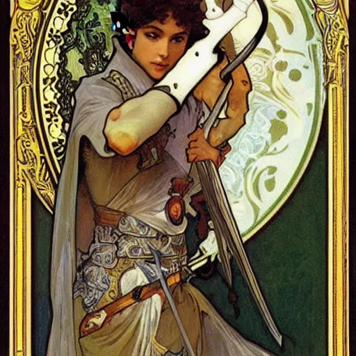 Prompt: An elf prince with a sword ,alphonse mucha