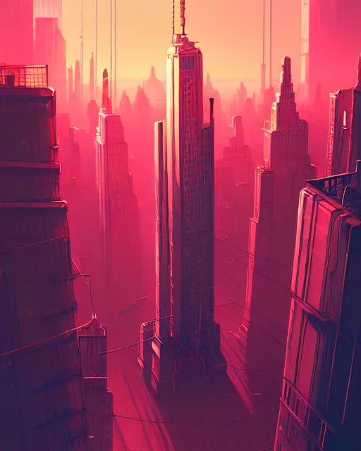 Image similar to beautiful painting of a cyberpunk new york inspired by gustave eiffel, art by mike winkelmann, golden hour, illustration, highly detailed, simple, smooth and clean vector curves, no jagged lines, vector art, smooth, artstation