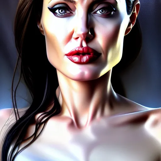 Image similar to beautiful digital painting of angelina jolie background with high detail, 8 k, movie cyborg 2, teen, young, stunning detail, photo by artgerm, greg rutkowski and alphonse mucha, unreal engine 5, 4 k uhd