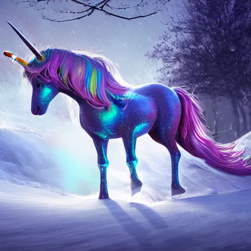 Prompt: a iridescent unicorn is bleeding in the snow, trail of blood follows behind it, toxic smog in the sky, ultra realistic, concept art, intricate details, highly detailed, photorealistic, octane render, 8 k, style of mary jackson