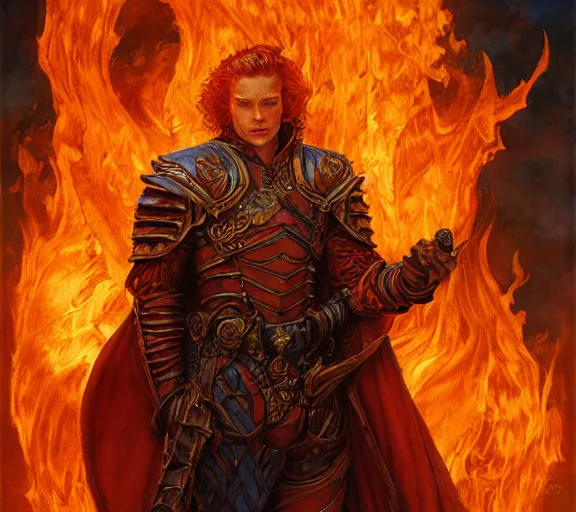 Image similar to The Fire King, beautiful young ginger man, fire, flames, dramatic, hyperdetailed | donato giancola, ralph horsley, Artem Demura | waist-up portrait | dungeons and dragons