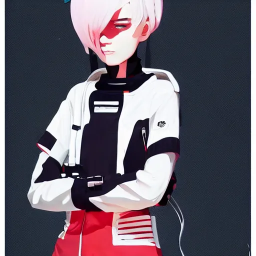 Image similar to poster woman with futuristic streetwear and hairstyle, cute face, pretty, Anime by Cushart Krentz, Kuvshinov Ilya and Gilleard James, 4k, HDR, Trending on artstation, Behance, Pinterest