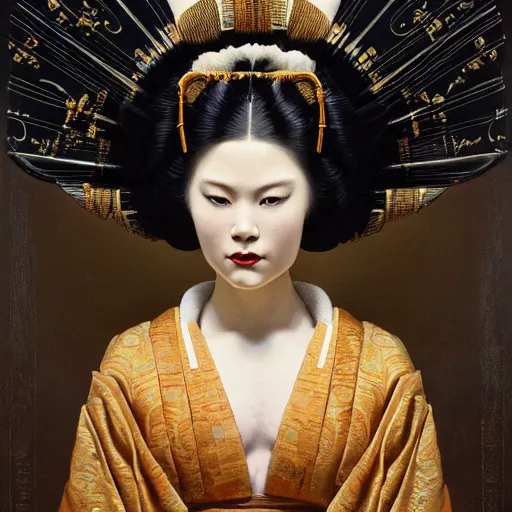 Image similar to highly detailed oil painting | very intricate | cinematic lighting | award - winning | the scandinavian viking geisha in an exquisite tribal kimono | by roberto ferri, by tom bagshaw, by j. c. leyendecker and klimt, beautifulh cinematic light, american romanticism, by austin osman spare, artstation, cgsociety, official art, octane