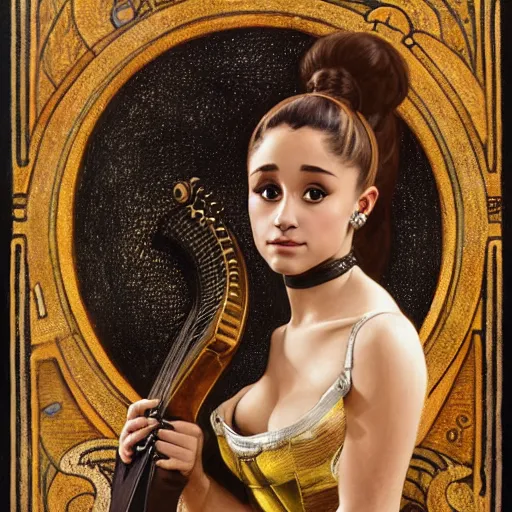 Prompt: half length portrait of ariana grande as a bard playing the mandolin, d & d, medieval, fantasy, giger, royo, klimt, miro, vallejo, frazetta, alphonse mucha, greg rutkowski, whealan