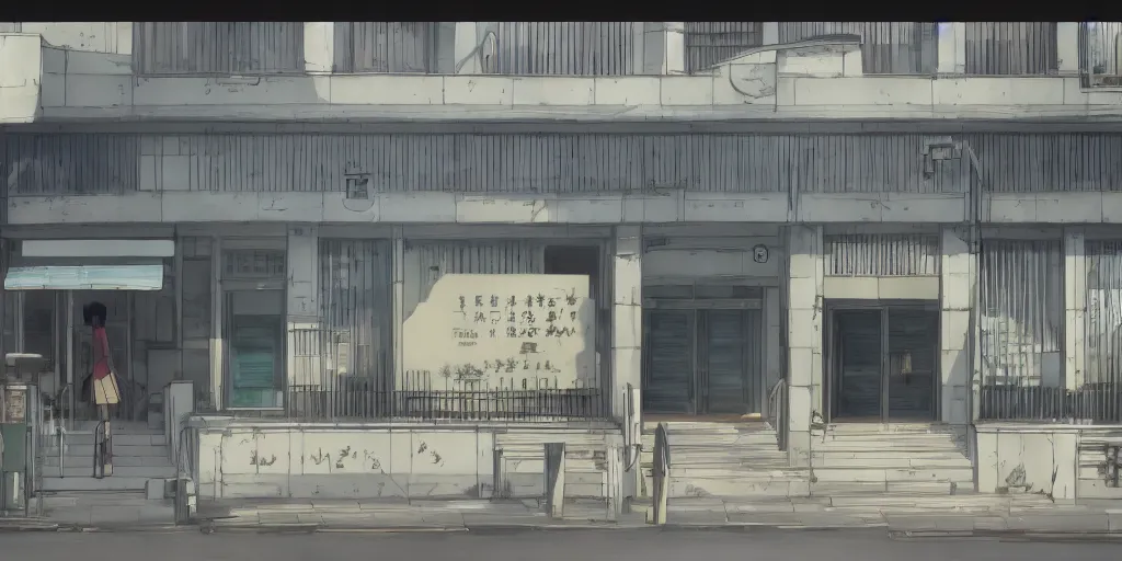 Image similar to close up front view of a japanese building facade with signs on it, a screenshot from the anime film by Makoto Shinkai