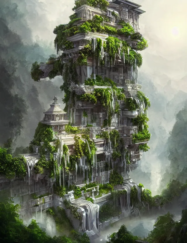 Image similar to a beautiful illustration of a fluid form future mansion with hanging gardens, trending on artstation, digital art, 4 k resolution, detailed, high quality, sharp focus, hq artwork, coherent, insane detail