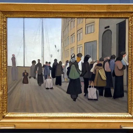 Image similar to painting of swedish commuters heading to the central business district of stockholm, painted by laurence stephen lowry, oil on canvas, national gallery