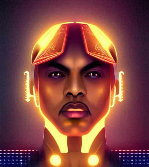 Image similar to symmetry!! egyptian prince of technology, solid cube of light, hard edges, product render retro - futuristic poster scifi, lasers and neon circuits, brown skin man egyptian prince, intricate, elegant, highly detailed, digital painting, artstation, concept art, smooth, sharp focus, illustration, dreamlike, art by artgerm