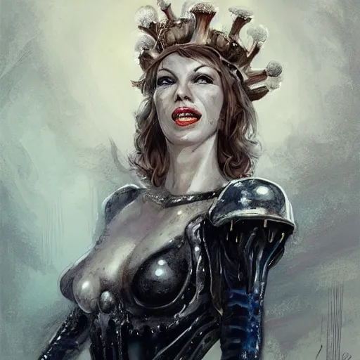 Image similar to mister freeze as an attractive young smiling woman played by milla jovovich wearing a mushroom crown and heavy armoured wedding dress, face portrait, hd shot, digital portrait, elegant, beautiful, fantasy art, artstation, comic style, by artgerm, guy denning, jakub rozalski, magali villeneuve and charlie bowater