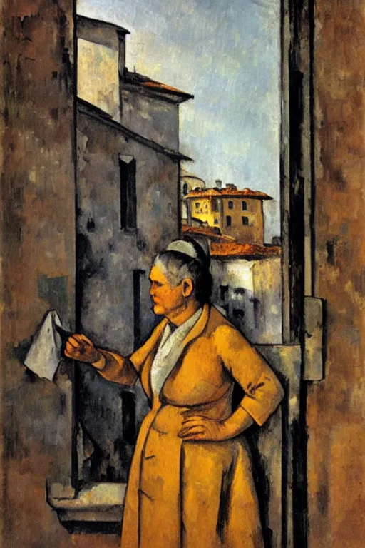 Prompt: an elderly and content italian woman leaning out of the window of an old building, smoking a cigarette, by paul cezanne, firenze, sunset, smooth, expressionist, gold, portrait