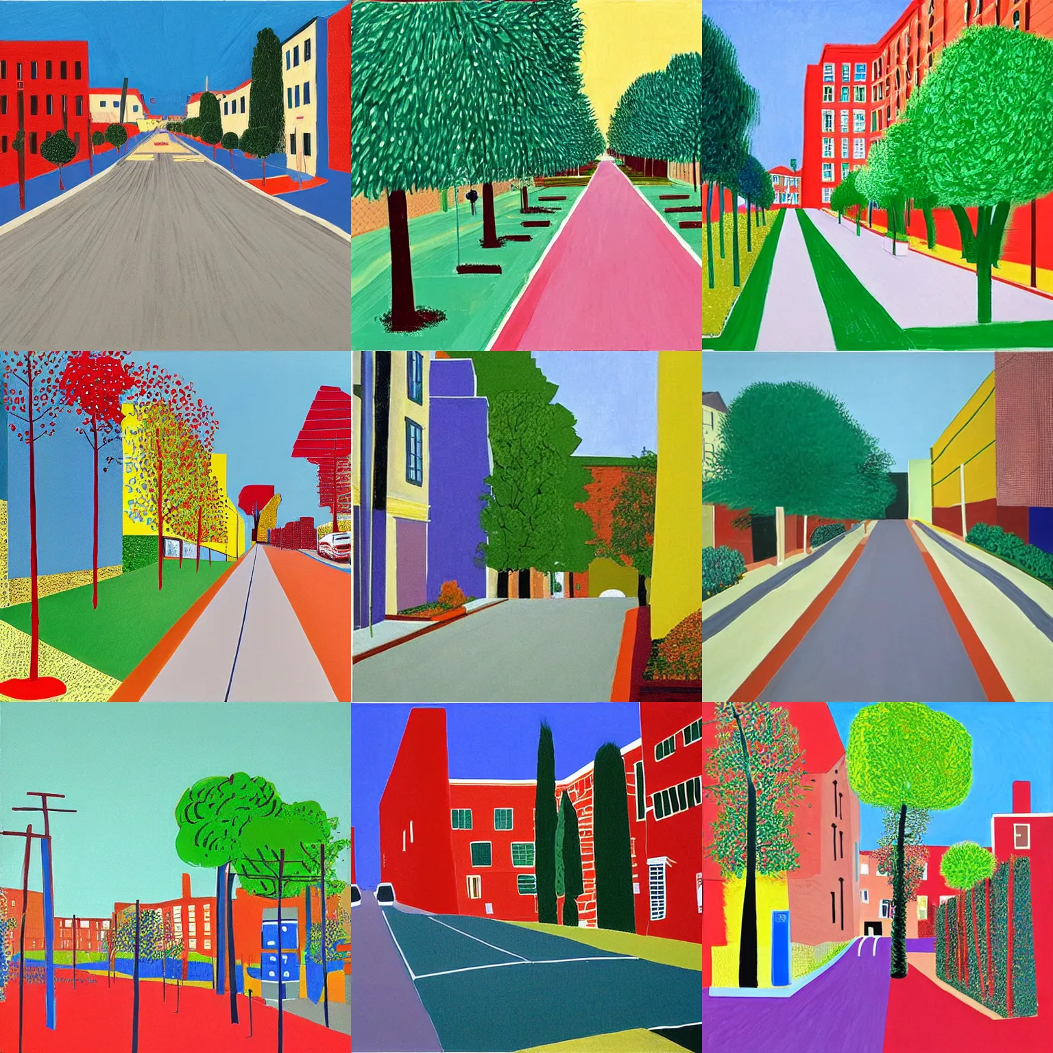 Prompt: a street landscape, art by david hockney,