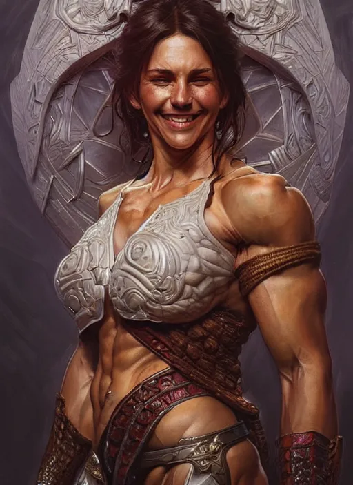 Image similar to portrait of aggressive smiling messi, d & d, muscular! fantasy, intricate, elegant, highly detailed, digital painting, artstation, concept art, smooth, sharp focus, illustration, art by artgerm and greg rutkowski and alphonse mucha