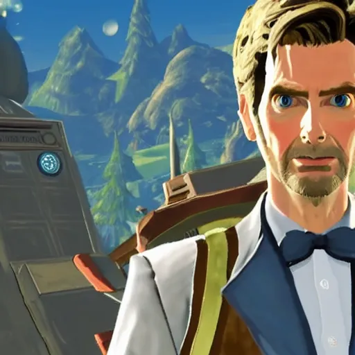 Image similar to David Tennant as Dr Who in Breath of the Wild, gameplay screenshot