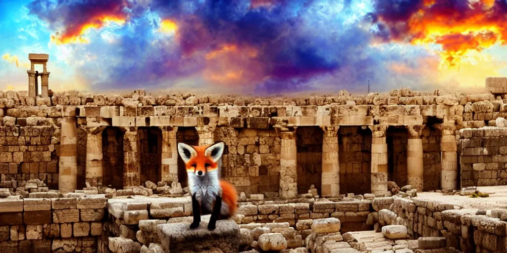 Image similar to a adorable small fox in the huge ruins of the second temple in jerusalem in the distance. the third temple hovers quietly hiding in the dreamy clouds above. a hooded bearded old man in a tunic laughing, colorful 8 k, art station, intricate superb details, digital art, cinematic, bokeh dof sky, an expressionist painting by afremov.