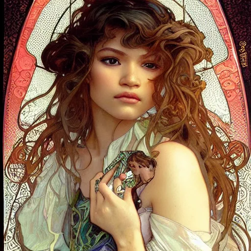 Prompt: realistic detailed face portrait of zendaya by Alphonse Mucha, Ayami Kojima, Amano, Charlie Bowater, Karol Bak, Greg Hildebrandt, Jean Delville, and Mark Brooks, Art Nouveau, Neo-Gothic, gothic, rich deep colors