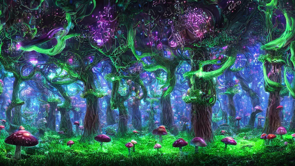 Prompt: exploring a mushroom forest, 8k, acid trip, hall of mirrors, ultra detailed, a hyperrealistic image of a mycelium forest with neon glowing mushrooms, with magical creatures, by tian gan, trending on patreon, artstation, deviantart. Unreal engine