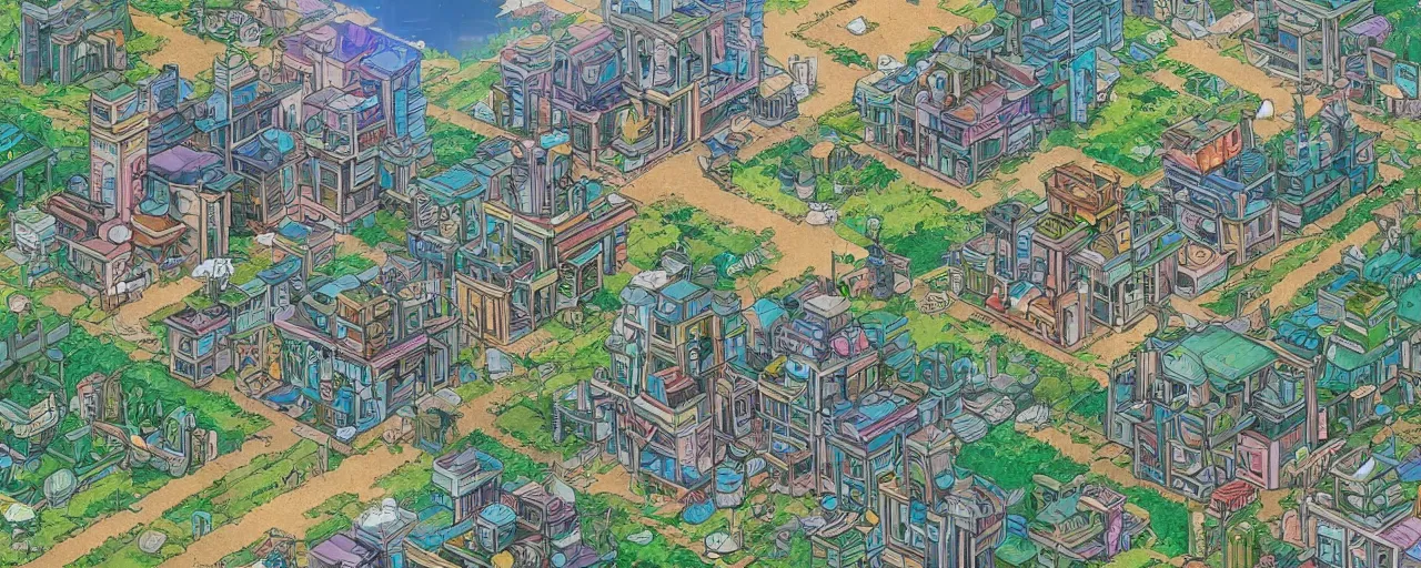 Image similar to a solarpunk city in the style of studio ghibli