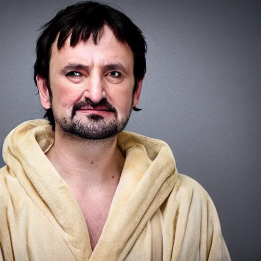 Prompt: richard iv the roman king, excited real human wearing beige bathrobe, soft studio lighting, sigma lens photo, he is dancing