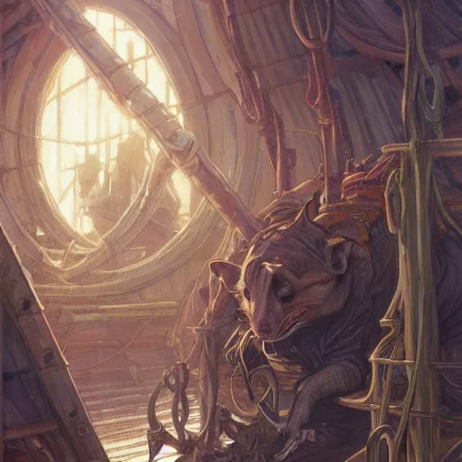 Image similar to giant rats on a ship lower deck, D&D, fantasy, highly detailed, digital painting, artstation, smooth, sharp focus, illustration, art by artgerm and greg rutkowski and alphonse mucha