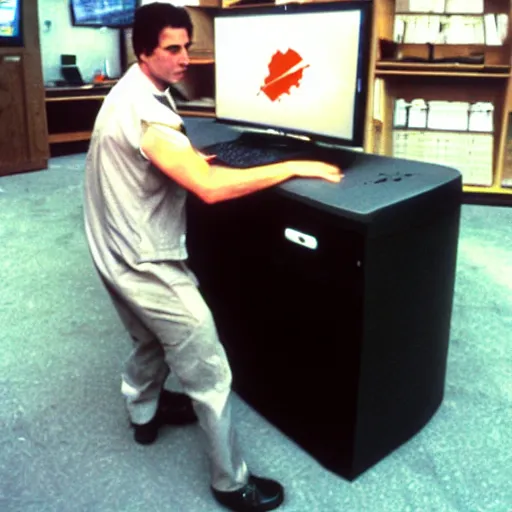 Image similar to drebin893 hitting a desktop computer with a hammer