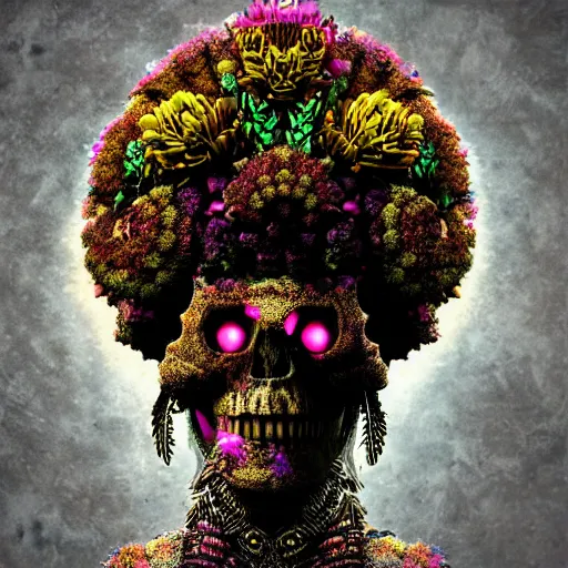 Image similar to a golden skull face african marijuanna shaman with an afro made of flowers, third eye art art by machina infinitum, complexity from simplicity, rendered in octane, mandelbulb 3 d, ambient occlusion, macro photography, felt!!! texture, tribal, neon retrowave