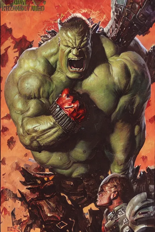 Image similar to upper body and head portrait of hulking brock lesnar as marvel demon wearing cape and armour, norman rockwell, tom lovell, alex malveda, jack kirby, greg staples