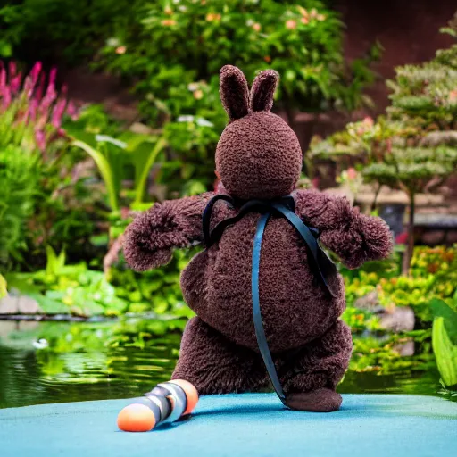 Image similar to a fluffy chocolate brown karate loving muppet bunny wearing cool black ninja clothes with a red belt and practicing her karate out in nature by a koi pond, photorealistic, photography, ambient occlusion, rtx, national geographic, sesame street