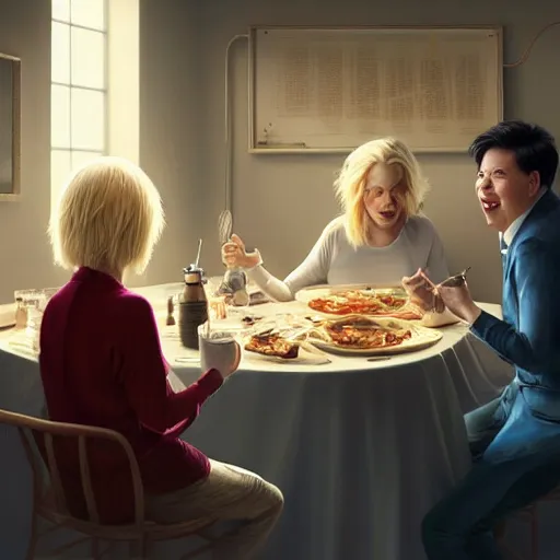 Prompt: michael mcintyre and middle aged blonde woman with short hair and a blonde woman with long hair having dinner, anatomy, bathed in light, highly detailed, photorealistic, artstation, smooth, sharp focus, illustration, unreal engine 5, 8 k, art by artgerm and greg rutkowski and edgar maxence