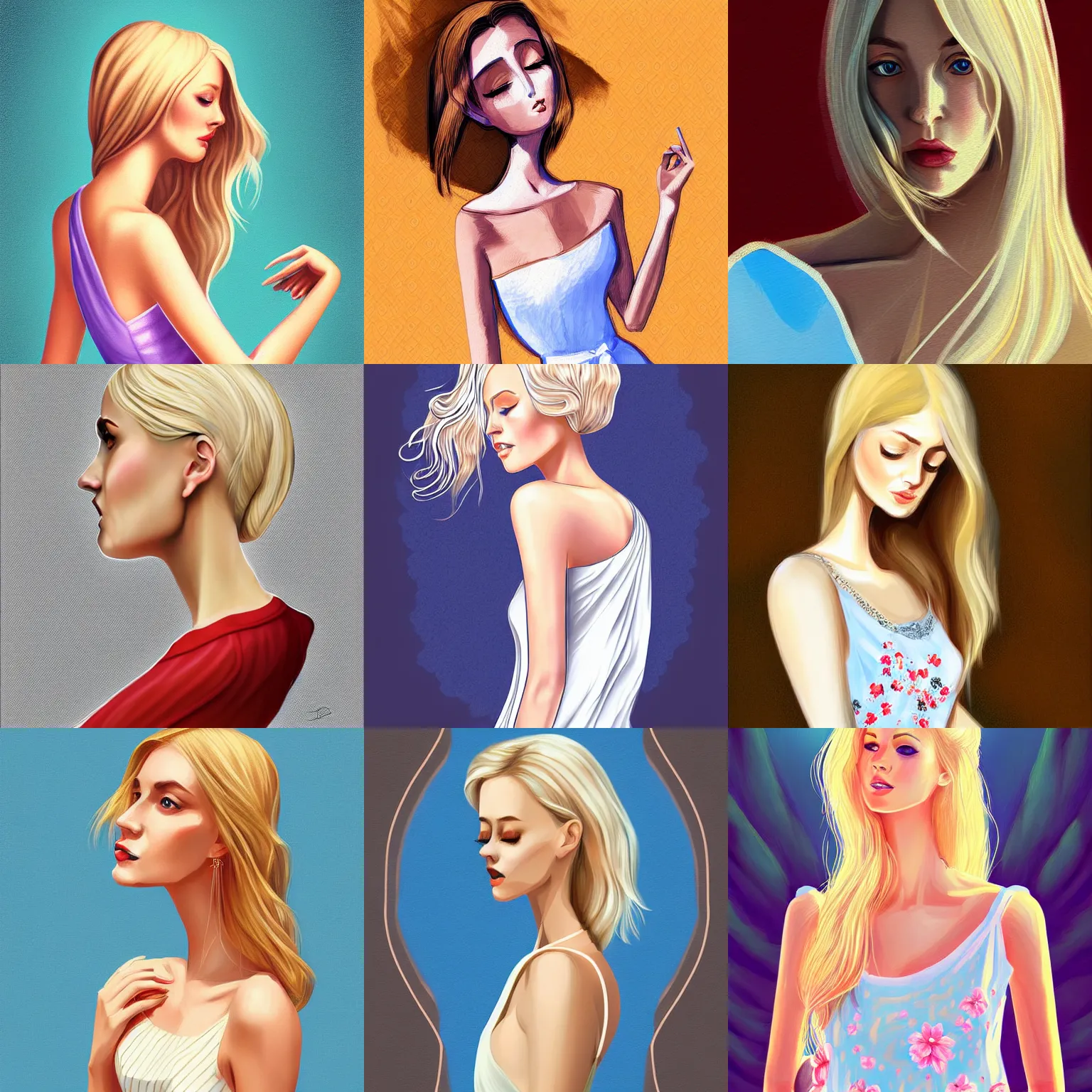 Prompt: woman wearing a summer dress, light blonde shoulder-length hair, digital art, digital painting, ornate