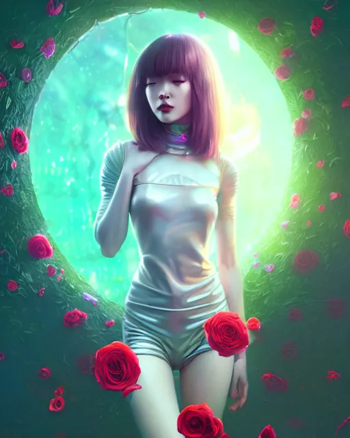 Prompt: perfect android girl, roses in hair, cyborg, flowers, metallic surface, cinematic lighting, garden, utopia, beautiful girl, kim hyun joo, advanced technology, futuristic, art by ilya kuvshinov and akiko takase and eugene gottsnake and stanislav istratov and su fu and antoine collignon