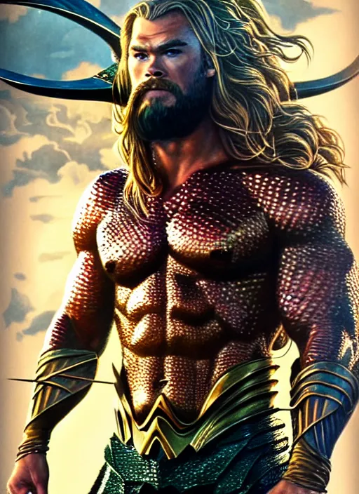 Prompt: chris hemsworth as aquaman, muscular, fantasy, intricate, elegant, highly detailed, digital painting, artstation, concept art, smooth, sharp focus, illustration, art by artgerm and greg rutkowski and alphonse mucha