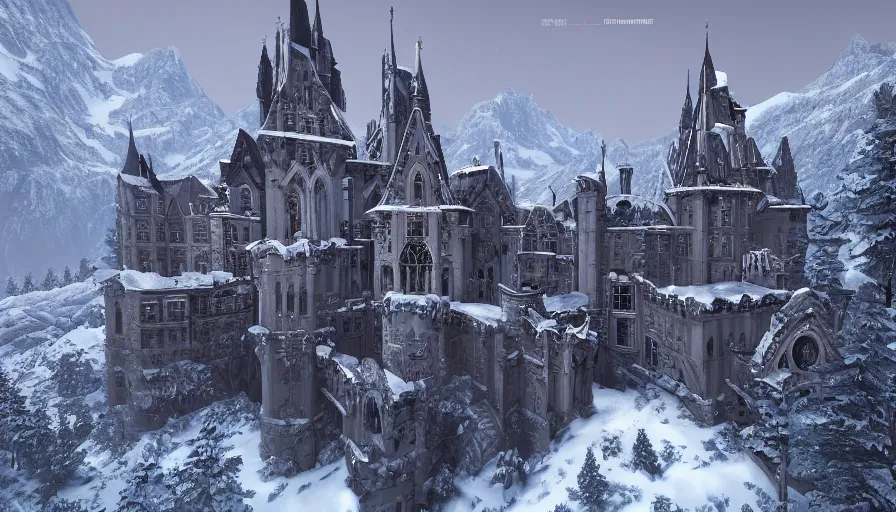 Prompt: Neo-Gothic castle built in snowy mountains connected by bridges, hyperdetailed, artstation, cgsociety, 8k