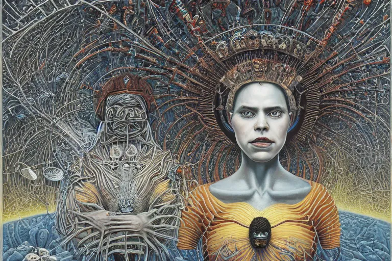 Image similar to THE QUEEN OF THE SUN by jacek yerka, alex gray, zdzisław beksiński, dariusz zawadzki, jeffrey smith and h.r. giger, oil on canvas, 8k highly professionally detailed, trending on artstation