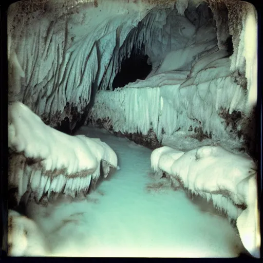 Image similar to a dark glacier cave with a low ceiling, small stream of water, icicles, deep, dark, creepy, eerie, unsettling, terrifying, old polaroid, expired film, deep, rough water,