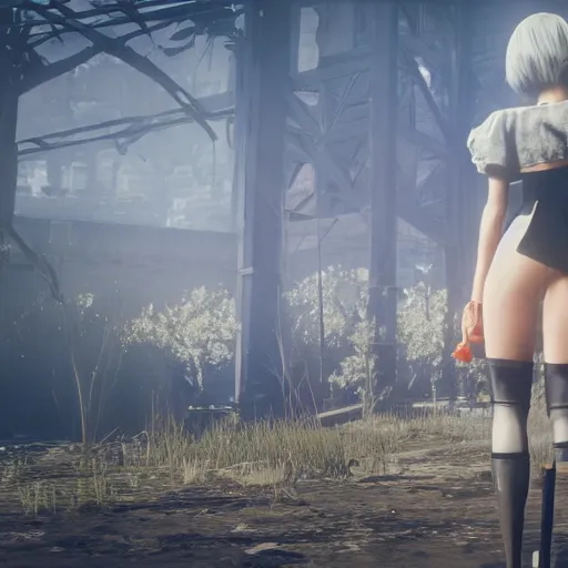 Prompt: Film still of 2B nier automata in a Town from Red Dead Redemption 2 (2018 video game), safe for work, medium full shot, detailed skin and thick thighs, artstation, artstation hq, hd, 4k