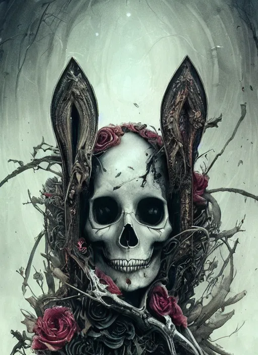 Image similar to white rabbit death tarot card, highly detailed, half skull face, cinematic, 8 k, by stanley artgermm, tom bagshaw, greg rutkowski, carne griffiths, ayami kojima, beksinski, giger, trending on deviantart, hyper detailed, horror, full of colour