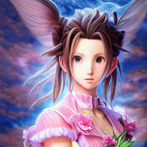 Image similar to aerith gainsborough, ultra detailed painting at 1 6 k resolution and epic visuals. epically beautiful image. amazing effect, image looks crazily crisp as far as it's visual fidelity goes, absolutely outstanding. vivid clarity. ultra. iridescent. mind - breaking. mega - beautiful pencil shadowing. beautiful face. ultra high definition, range murata and artgerm