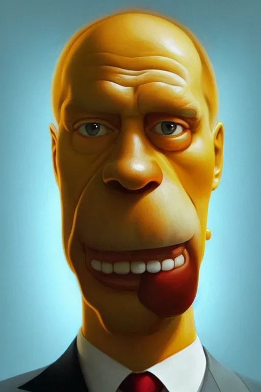 Image similar to vladimir putin as a yellow funny homer simpson, realistic portrait, symmetrical, highly detailed, digital painting, artstation, concept art, smooth, sharp focus, illustration, cinematic lighting, art by artgerm and greg rutkowski and alphonse mucha