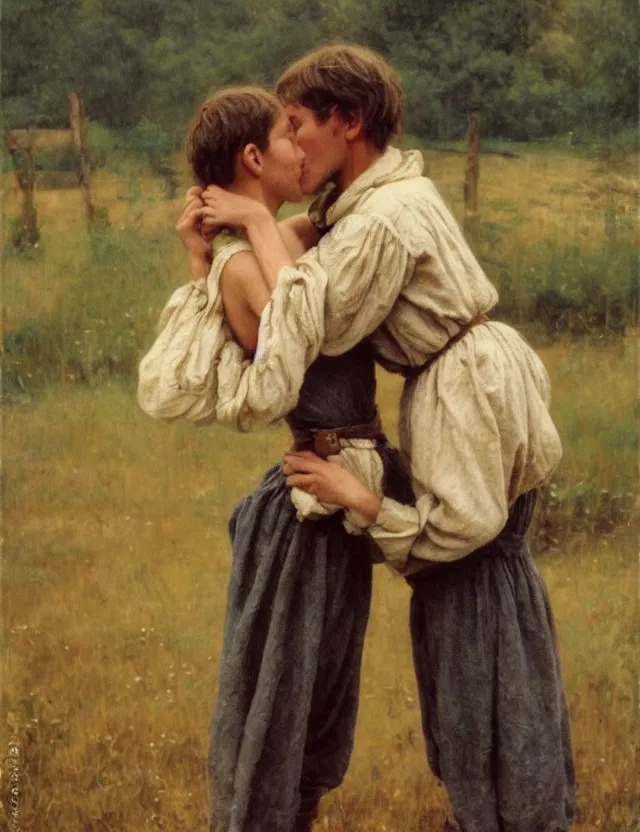 Image similar to peasant boy and girl first kiss, on a village, Cinematic focus, Polaroid photo, vintage, neutral colors, soft lights, foggy, by Steve Hanks, by Serov Valentin, by lisa yuskavage, by Andrei Tarkovsky 8k render, detailed, oil on canvas