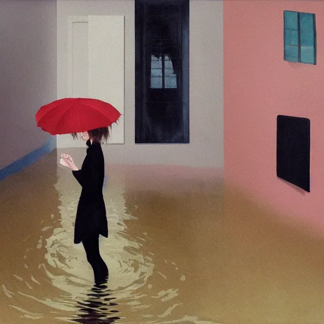 Image similar to tall female emo artist in her flooded kitchen, water gushing from ceiling, painting of flood waters inside an artist's home, a river flooding indoors, pomegranates, pigs, ikebana, zen, water, octopus, river, rapids, waterfall, black swans, canoe, berries, zen, acrylic on canvas, surrealist, by magritte and monet