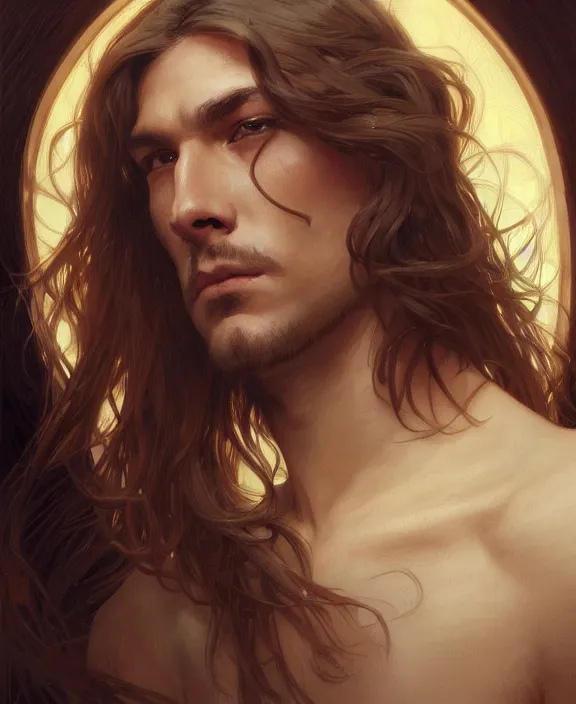 Prompt: portrait close up of guy, concentrated look, symmetry, long hair. d & d, fantasy, intricate, elegant, highly detailed, digital painting, artstation, concept art, art by artgerm and greg rutkowski and alphonse mucha, boris vallejo