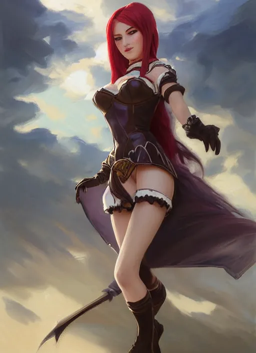 Prompt: portrait of Katarina from League of Legends in maid outfit, countryside, fantasy character portrait, dynamic pose, above view, view from above, sunny day, thunder clouds in the sky, artwork by Jeremy Lipkin and Giuseppe Dangelico Pino and Michael Garmash and Rob Rey, very coherent symmetrical artwork, perfect face, simple form, 100mm